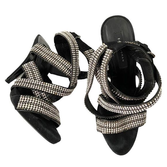 Zara Black Velvet Sandals with Rhinestone Strap in Size EU 37 - Picture 5 of 14